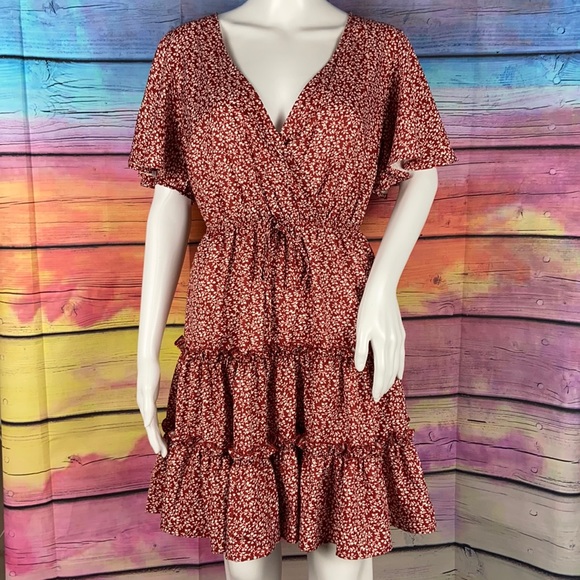 Shein Flutter Sleeve Frill Trim Tiered Wrap Dress - Picture 2 of 8